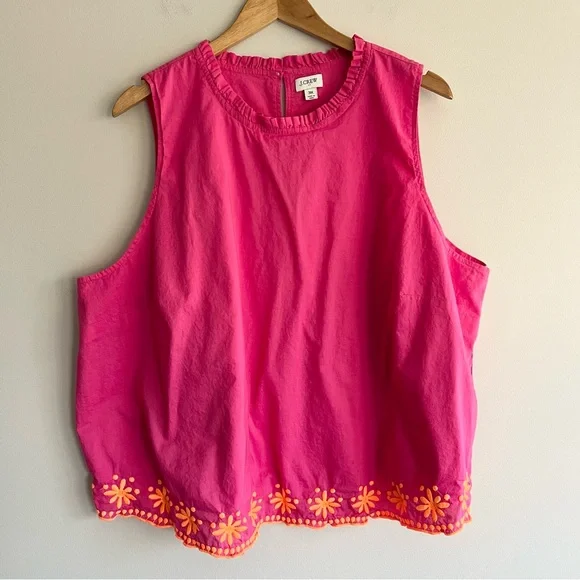 J. Crew Hot Pink Sleeveless Ruffle-Neck Tank with Orange Floral Trim 3X - Picture 2 of 14